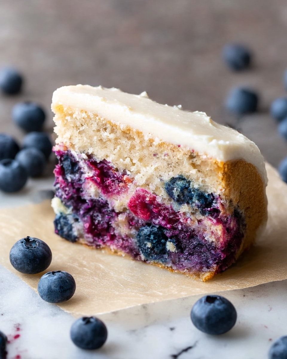 A close-up view of a partially eaten cupcake showing three layers: a thick top layer of smooth white frosting, a middle layer of light tan spongy cake with a soft texture, and a bottom layer filled with moist, mixed purple and red berry bits. Crumbs and bits of the cake and berries are scattered on a white marbled surface beneath the cupcake. The overall look highlights the soft and crumbly texture of the cake and the creamy frosting on top. photo taken with an iphone --ar 4:5 --v 7
