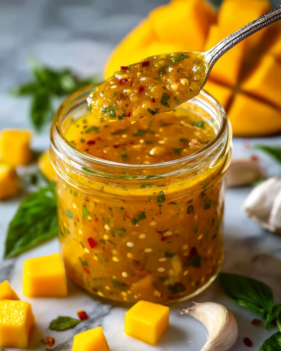 A clear glass jar filled with a thick, textured yellow-orange sauce that has visible green herbs, red chili flakes, and small seeds mixed inside. A metal spoon scoops the sauce near the top of the jar, showing its slightly chunky and glossy consistency. Around the jar are bright yellow mango cubes, scattered green basil leaves, and a few garlic cloves on a white marbled surface. In the background, blurred mango pieces add depth to the image, while the overall lighting highlights the sauce's vibrant colors. Photo taken with an iphone --ar 4:5 --v 7