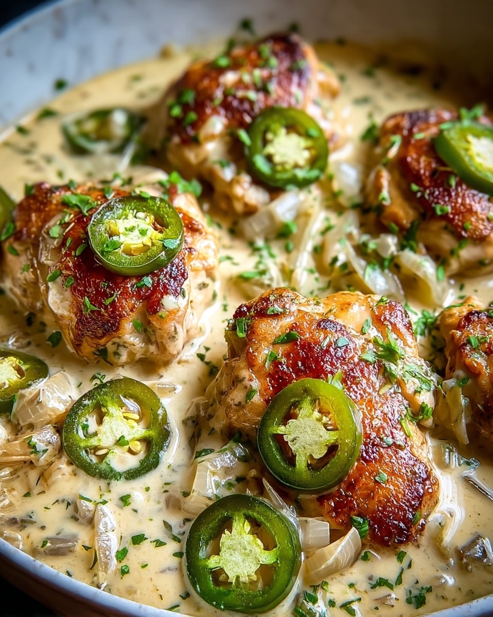 The dish shows several browned chicken pieces with a crispy texture on top, sitting in a creamy, light beige sauce that has visible small green herbs and bits of onions mixed in. Spread around and on the chicken are slices of green jalapeños adding color contrast, and the whole dish is sprinkled with finely chopped green herbs. The creamy sauce looks smooth and slightly thick, pooling under and around the chicken. The close-up view focuses on the mix of golden-brown and creamy tones with fresh herb green touches, all in a white marbled textured setting. photo taken with an iphone --ar 4:5 --v 7