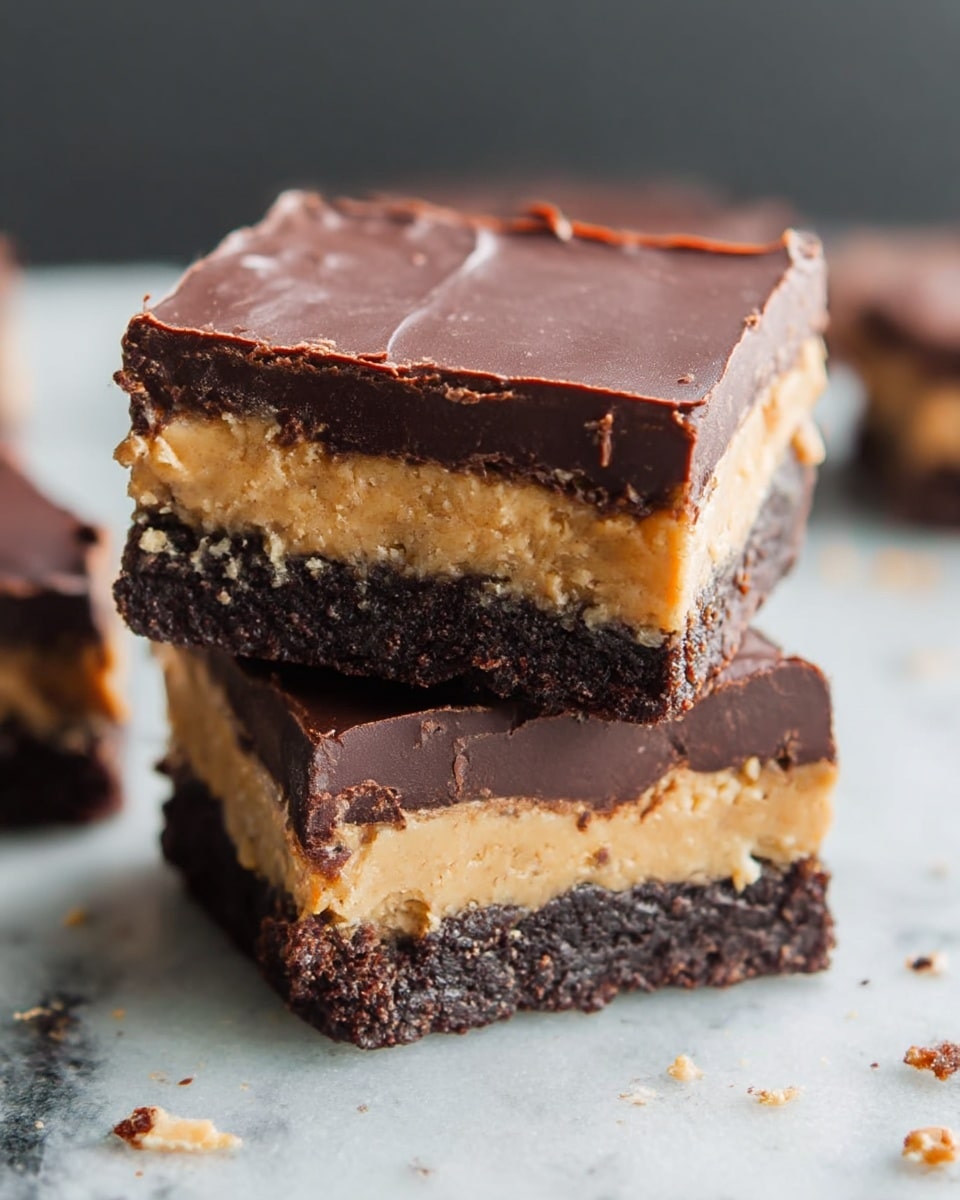 The image shows two stacked dessert bars with three visible layers. The bottom layer is dark brown and crumbly, resembling a cookie or brownie base. The middle layer is a smooth, creamy peanut butter color, slightly thick and even. The top layer is a rich, glossy dark brown chocolate ganache, spread thickly and with a slightly uneven surface. The background is a white marbled texture with small crumbs scattered around the bars. Photo taken with an iphone --ar 4:5 --v 7