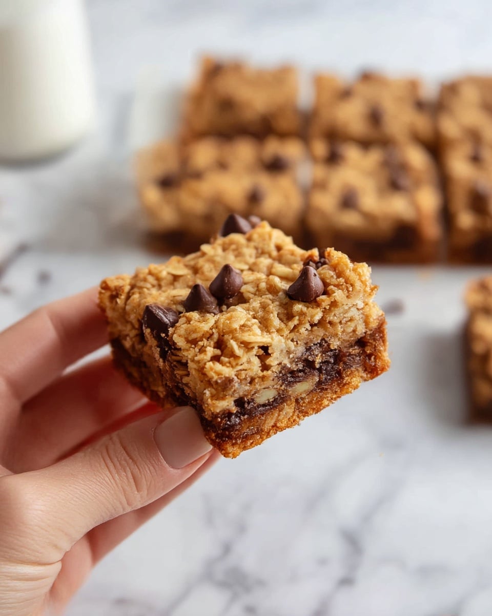 A close-up of a woman's hand holding a square oatmeal bar with a golden-brown crumbly texture and visible oats throughout, showing a thick bottom layer with a darker chocolate-like edge; in the background, several similar oatmeal bars with chocolate chips on top are arranged on a white marbled surface. photo taken with an iphone --ar 4:5 --v 7
