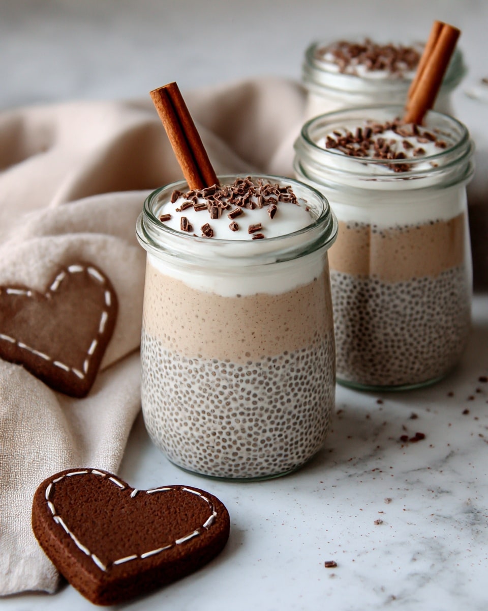 Three clear glass jars filled with two layers of chia pudding sit on a white marbled surface. The bottom layer is thick and beige with tiny black chia seeds evenly spread inside. The top layer is a smooth, thick white cream that covers the pudding. Each jar is topped with a sprinkle of small chocolate shavings and a single cinnamon stick standing upright, stuck into the cream. To the left, a heart-shaped dark brown cookie rests on the surface near a beige cloth with a simple stitched pattern. The whole scene is softly lit, creating a cozy and fresh look. photo taken with an iphone --ar 4:5 --v 7