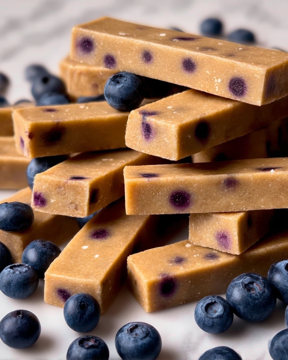 The image shows several rectangular bars stacked closely together. Each bar has a smooth light brown surface with small white specks scattered throughout. Embedded in the bars are dark round spots that look like blueberries, evenly spaced across each piece. The bars appear dense and firm with clean straight edges, highlighting their uniform shape and texture. The background has a white marbled texture. photo taken with an iphone --ar 4:5 --v 7