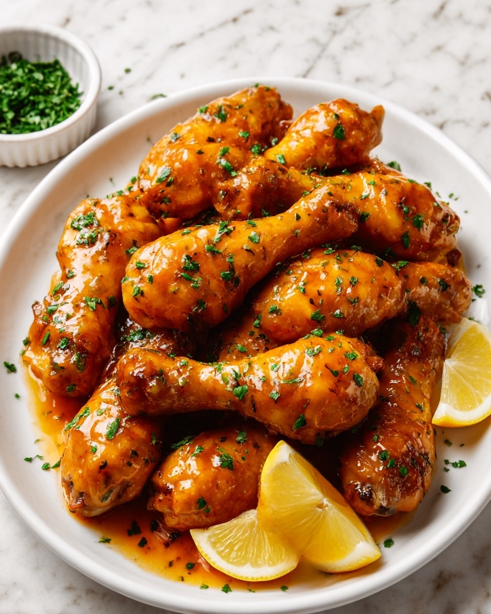 A white plate filled with two layers of glazed chicken drumsticks, each piece shiny with a rich orange-brown sauce and sprinkled with small, fresh green herbs. Two lemon wedges sit on the right edge of the plate, bright yellow with a juicy texture. In the background, a small white bowl contains more chopped green herbs on a white marbled surface. The image is bright and clear with a close-up focus, making the chicken look juicy and flavorful. photo taken with an iphone --ar 4:5 --v 7