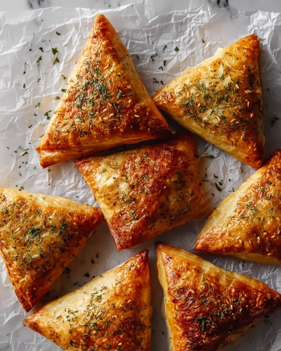A close-up of eight golden-brown, triangular savory pastries with crispy, flaky layers. Each triangle is sprinkled with finely chopped green herbs and small seeds, showing a textured, baked surface with some darker toasted spots. The pastries rest on crumpled white parchment paper placed on a white marbled surface. The overall scene shows warm tones of brown and golden yellow with fresh green hints from the herbs, giving a fresh, homemade look. photo taken with an iphone --ar 4:5 --v 7