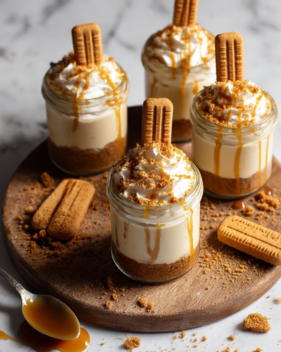 The image shows five small glass jars filled with a creamy dessert placed on a round wooden board over a white marbled surface. Each jar has three visible layers: a crumbly brown base made of crushed biscuits at the bottom, a thick, smooth, light beige cream layer in the middle, and a fluffy whipped cream topping on top. The whipped cream is sprinkled with more biscuit crumbs and drizzled with caramel sauce in a zigzag pattern. A rectangular biscuit is inserted vertically into the whipped cream of each jar. Around the board, there are biscuit crumbs scattered and three whole rectangular biscuits placed on the white marbled surface. In the bottom left corner, a spoon coated with caramel rests partly on some crumbs. photo taken with an iphone --ar 4:5 --v 7