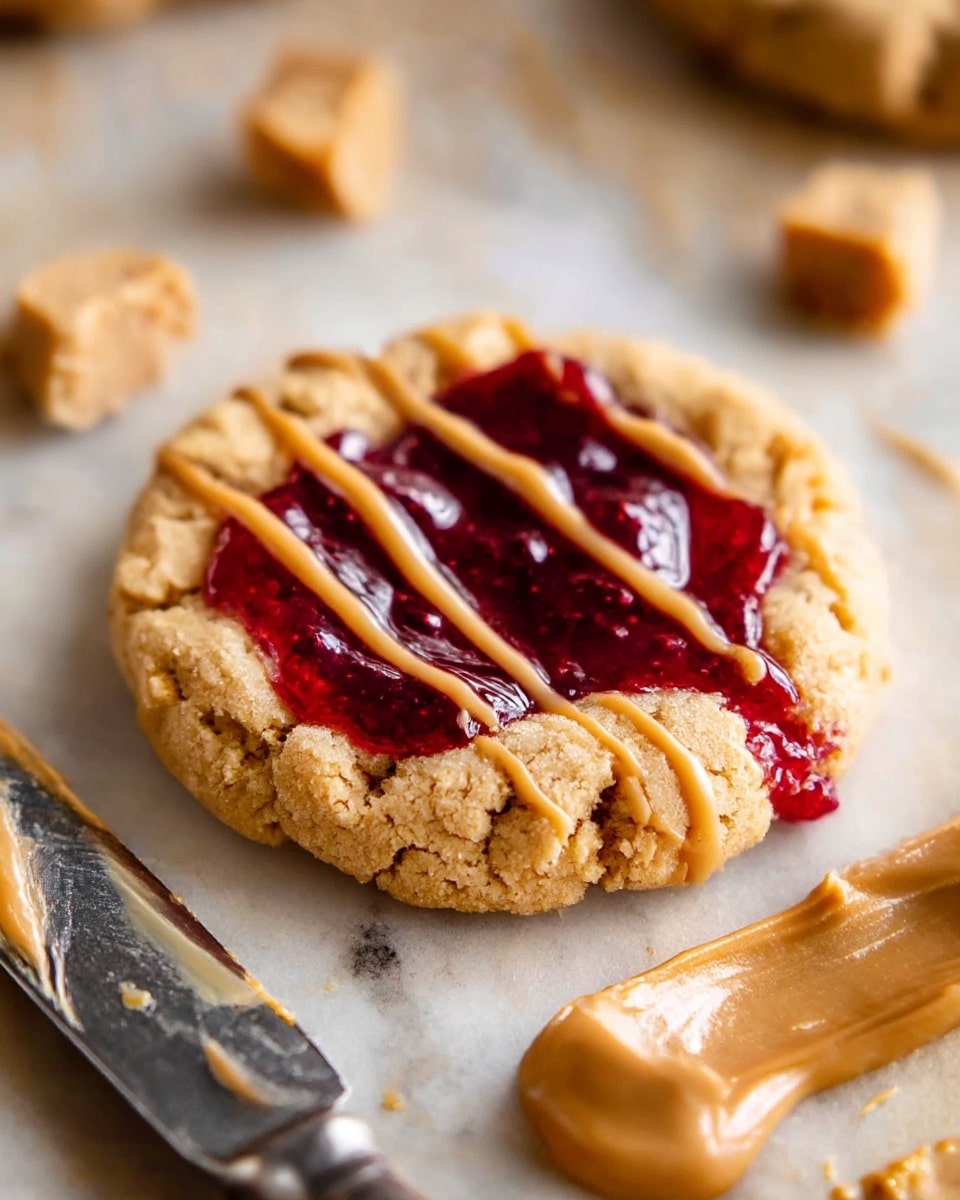 A single chunky cookie with a rough, golden-brown cracked texture forms the base layer. On top, there is a thick layer of deep red, glossy jam filling the center, smooth and shiny, creating a pool-like effect. Over the jam and biscuit, thin lines of smooth, light brown peanut butter drizzle diagonally across, adding a creamy texture contrast. Surrounding the cookie, there are small chunks of peanut butter and smears of peanut butter on a white marbled surface. A knife with peanut butter residue lies nearby, adding context to the scene. photo taken with an iphone --ar 4:5 --v 7