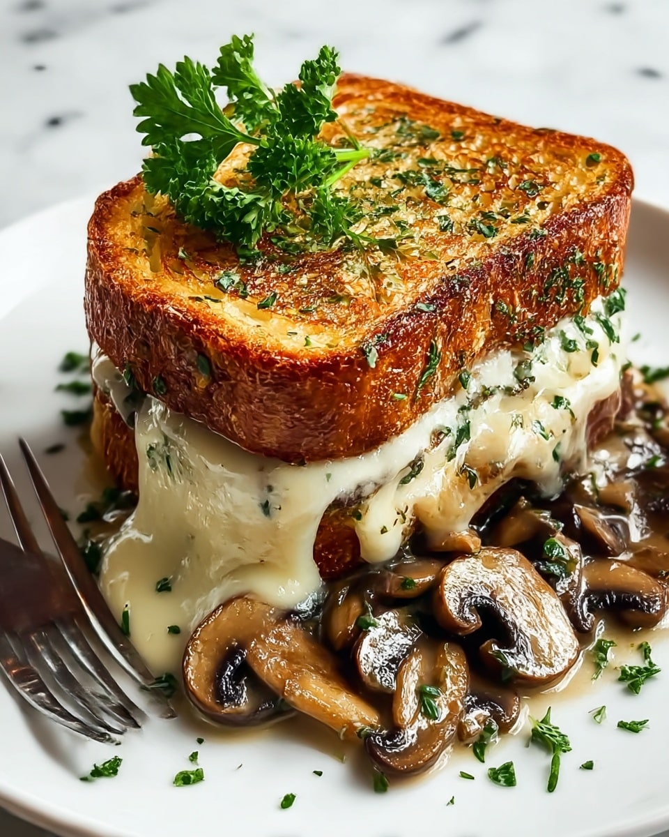 A grilled sandwich with two thick, crispy golden-brown toasted bread slices stacked on top, sprinkled with green herbs and topped with a small bunch of fresh curly parsley. Between the bread layers, there is a thick layer of melted creamy cheese oozing out over a bed of cooked brown mushrooms which are soft and glossy, sitting on a white plate with a few green herbs scattered around. A fork is partially visible at the bottom left corner, resting on the white marbled surface. photo taken with an iphone --ar 4:5 --v 7