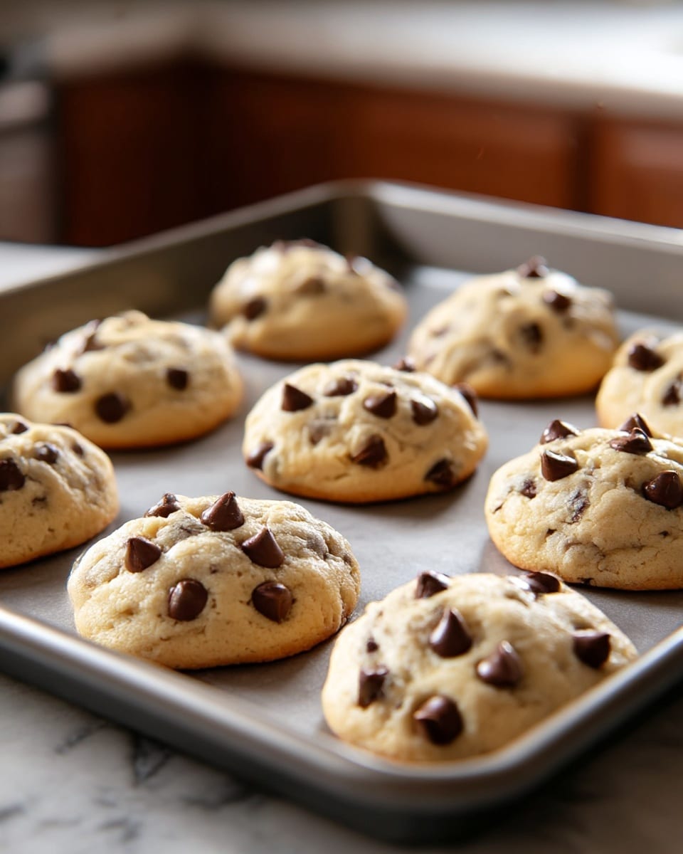 The image shows a metal baking tray filled with about eight freshly baked chocolate chip cookies arranged loosely, each cookie round but uneven in shape with a light golden brown bottom layer and a soft beige dough top layer. The top of each cookie is dotted generously with glossy dark brown chocolate chips that peek out from the soft dough, creating a textured, slightly bumpy surface. The tray sits on a white marbled countertop with a warm, blurry kitchen background, highlighting the warm and soft texture of the cookies. photo taken with an iphone --ar 4:5 --v 7