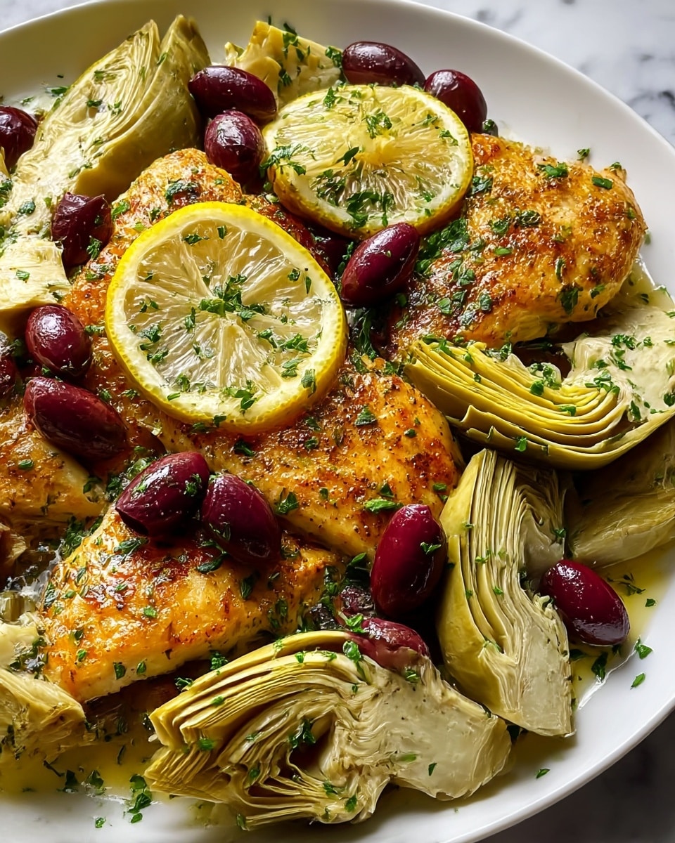 The dish shows several layers starting with a base of golden-brown cooked chicken breasts, each piece seasoned and crispy on the outside. On top, there are slices of light yellow lemon with a juicy texture, and large pale green artichoke hearts, cut into halves and quarters. Scattered around and on the chicken are glossy dark purple Kalamata olives. The entire dish is sprinkled with finely chopped fresh green herbs, adding a touch of freshness and color contrast. All of this is served on a clean white plate, sitting on a white marbled surface. photo taken with an iphone --ar 4:5 --v 7