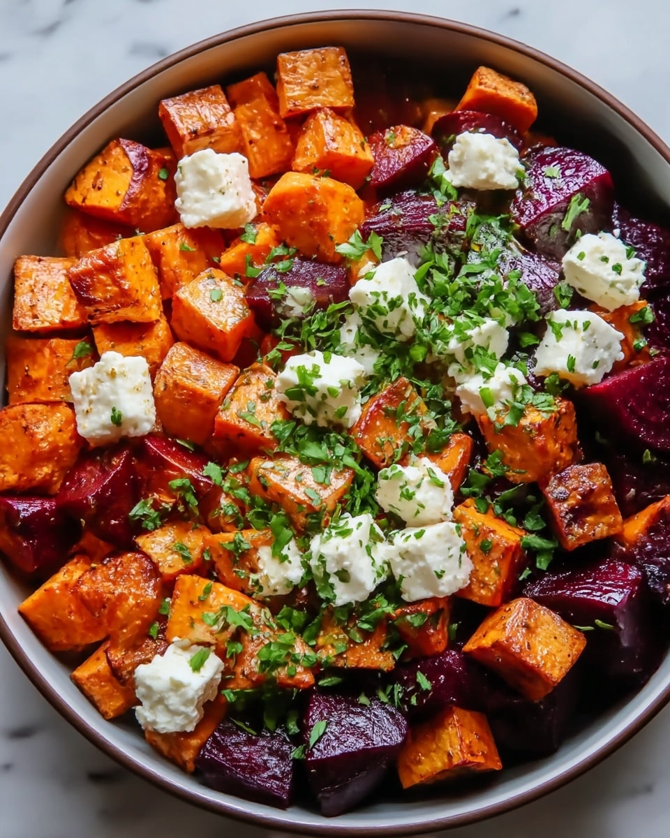 This image shows a bowl filled with two main layers of cubed roasted vegetables; the first layer consists of bright orange sweet potatoes with a slightly charred texture, and the second layer has deep purple-red beets with a smooth, glossy surface. On top of these layers, small white cubes of creamy cheese are scattered evenly, adding a soft texture contrast. Finally, fresh, chopped green herbs are sprinkled over everything, adding a touch of color and freshness. The bowl is white and placed on a white marbled surface. photo taken with an iphone --ar 4:5 --v 7