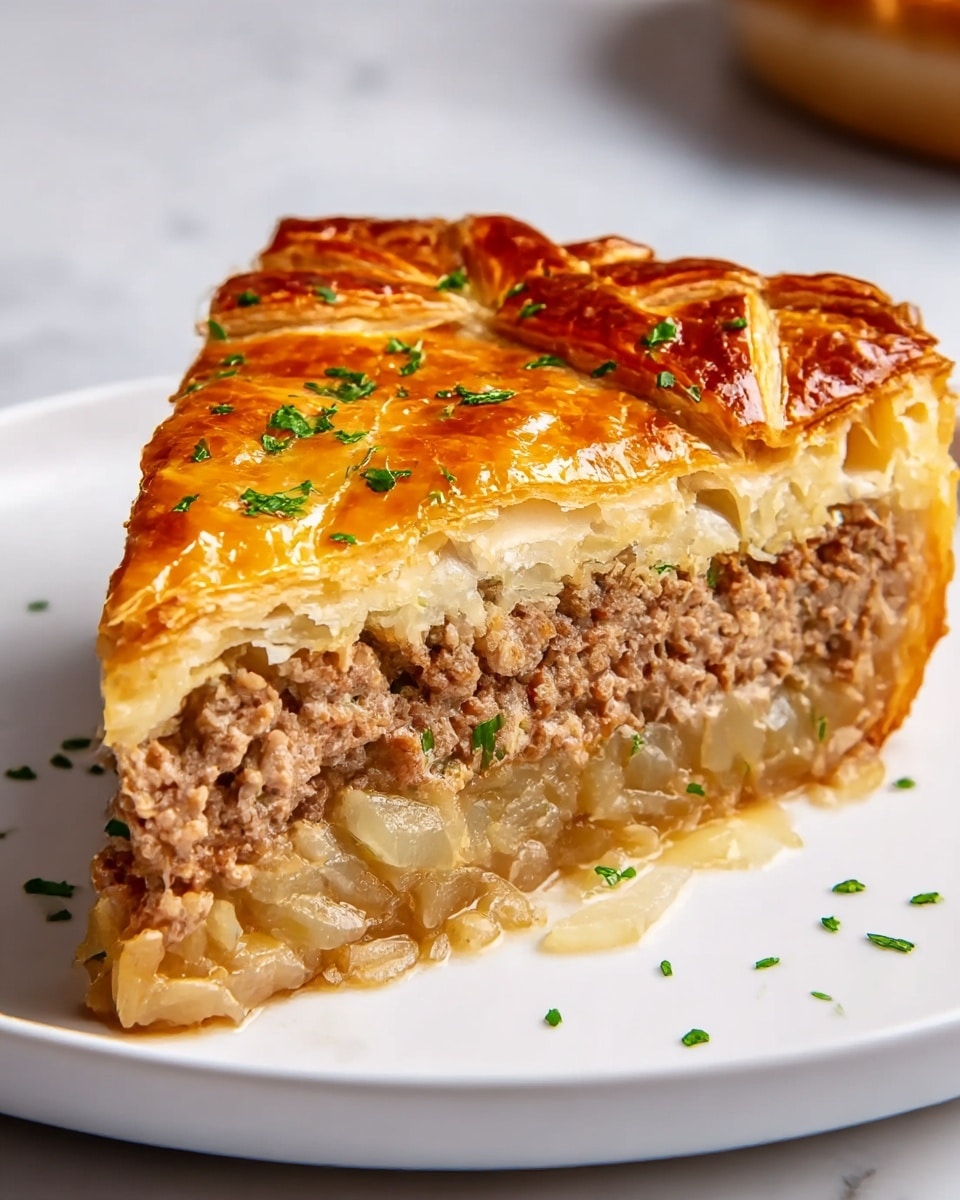 A close-up of a pie slice with three visible layers sitting on a white plate on a white marbled surface: the bottom layer is a light brown cooked onion base with soft, translucent pieces; the middle layer is a thick, light brown ground meat filling with a slightly crumbly texture; the top layer is a shiny, golden-brown puff pastry crust with a few green herb sprinkles and delicate cut line patterns; the crust looks flaky and crisp. photo taken with an iphone --ar 4:5 --v 7