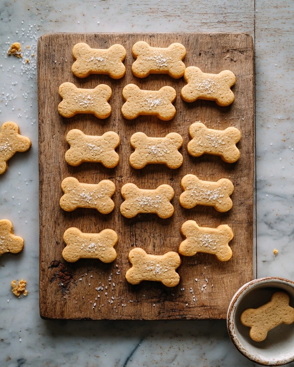 The image shows sixteen bone-shaped cookies arranged in four rows on a rustic wooden board. Each cookie is light golden brown with a slightly rough and crumbly texture, showing some cracks and small white sugar crystals on top. The wooden board has a worn, natural look with visible grain and scratches, and there are small cookie crumbs scattered around on the board and a white marbled surface beneath it. To the right of the board, there is a small white bowl with a worn, slightly rough texture visible. photo taken with an iphone --ar 4:5 --v 7