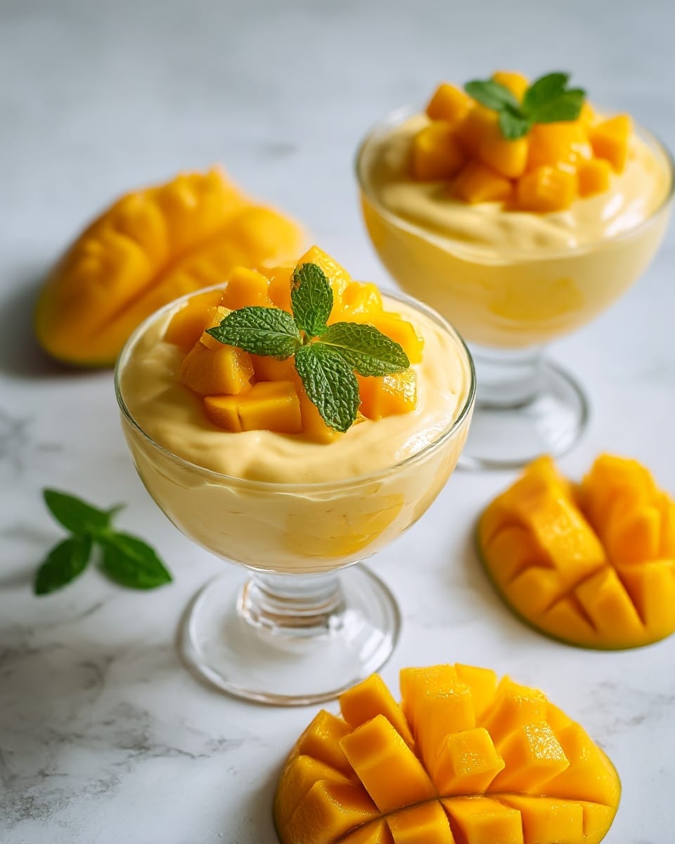 Two clear glass dessert cups are placed on a white marbled surface. Each cup holds a creamy, smooth yellow mango mousse filling almost to the top, with finely cubed fresh mango pieces layered on top. A small sprig of bright green mint leaf decorates the center of the mango cubes in each cup, adding a fresh pop of color. Around the cups, there are two mango halves with crisscross cuts, showing ripe, juicy mango cubes that glisten slightly from natural juices. Soft natural light highlights the textures and vibrant colors, giving the scene a fresh and inviting feel. photo taken with an iphone --ar 4:5 --v 7