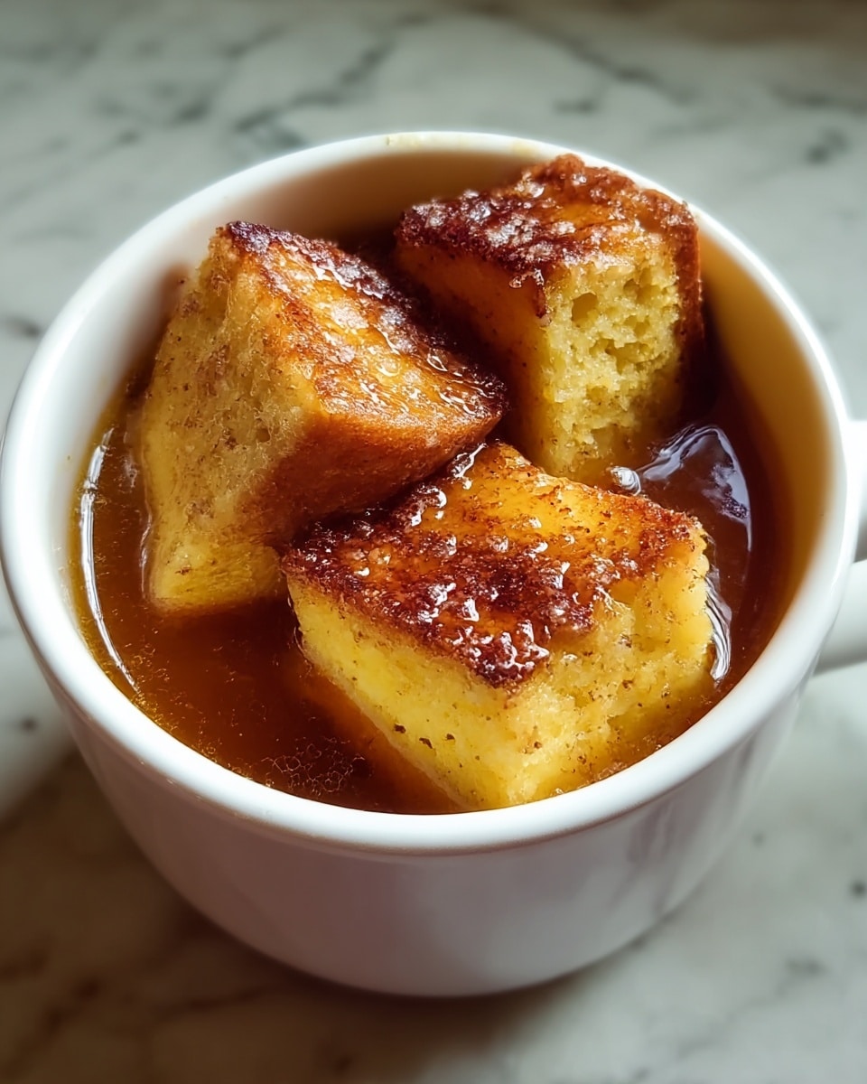 The image shows a white cup filled with a golden brown liquid, topped with three thick cubes of toasted bread that have a crispy, caramelized surface with a light sprinkle of coarse white sugar. The toasted bread pieces are arranged closely, partially submerged in the liquid, showing a soft, moist, yellow crumb texture inside. The cup sits on a white marbled surface, and the lighting highlights the glistening syrupy shine on the toast and liquid. photo taken with an iphone --ar 4:5 --v 7