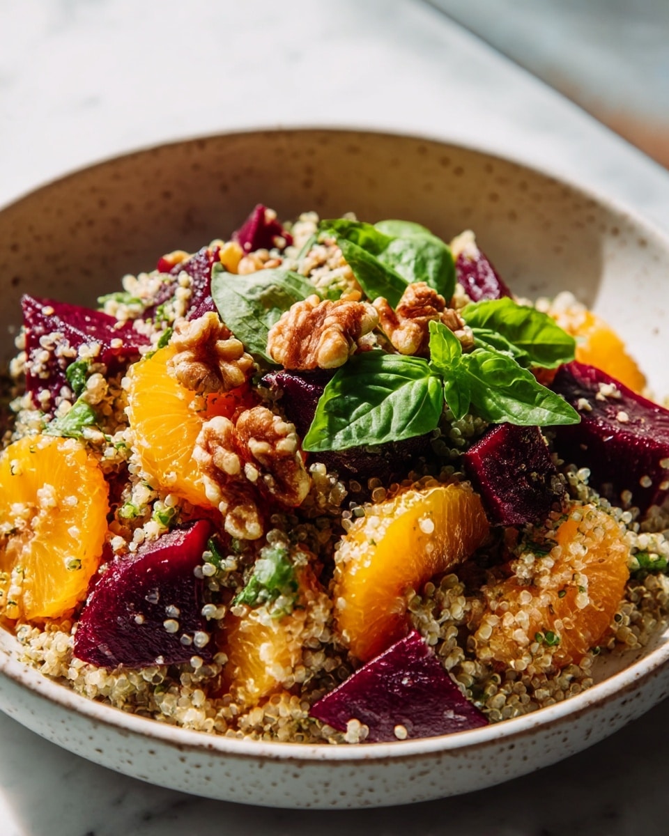 The dish is a colorful layered salad served on a white plate placed on a white marbled surface. The bottom layer is fresh green leafy arugula, giving a bright, natural green base. On top of the greens is a thick mound of cooked red quinoa, with its small, round grains showing a soft texture in shades of purple and red. Scattered around and on the quinoa are deep red beet chunks, cut thick and glossy. Bright orange segments lay on the quinoa, adding a juicy, vibrant contrast. The salad is topped with several pieces of whole walnut halves, adding a rough, crunchy texture and light brown color to the dish. Photo taken with an iphone --ar 4:5 --v 7