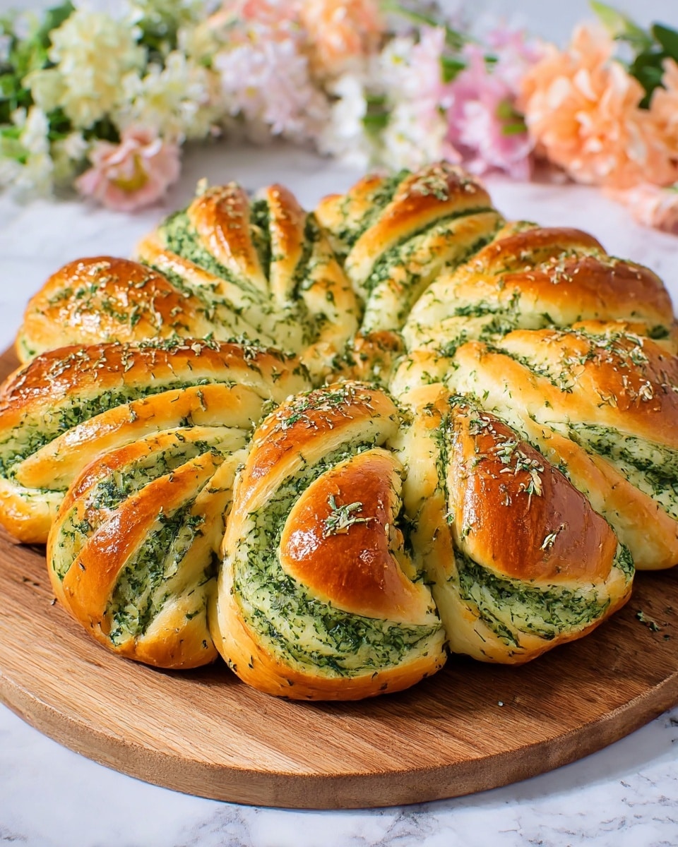 A circular bread wreath with multiple twisted segments arranged in a ring on a round brown wooden board. The bread has a golden-brown crust with visible green herb and garlic spread swirled within the soft white inner layers. One segment is pulled away slightly, showing the soft and fluffy texture inside with green herb filling. The background features pastel-colored flowers with pink, white, and peach tones resting on a white marbled surface. Photo taken with an iphone --ar 4:5 --v 7