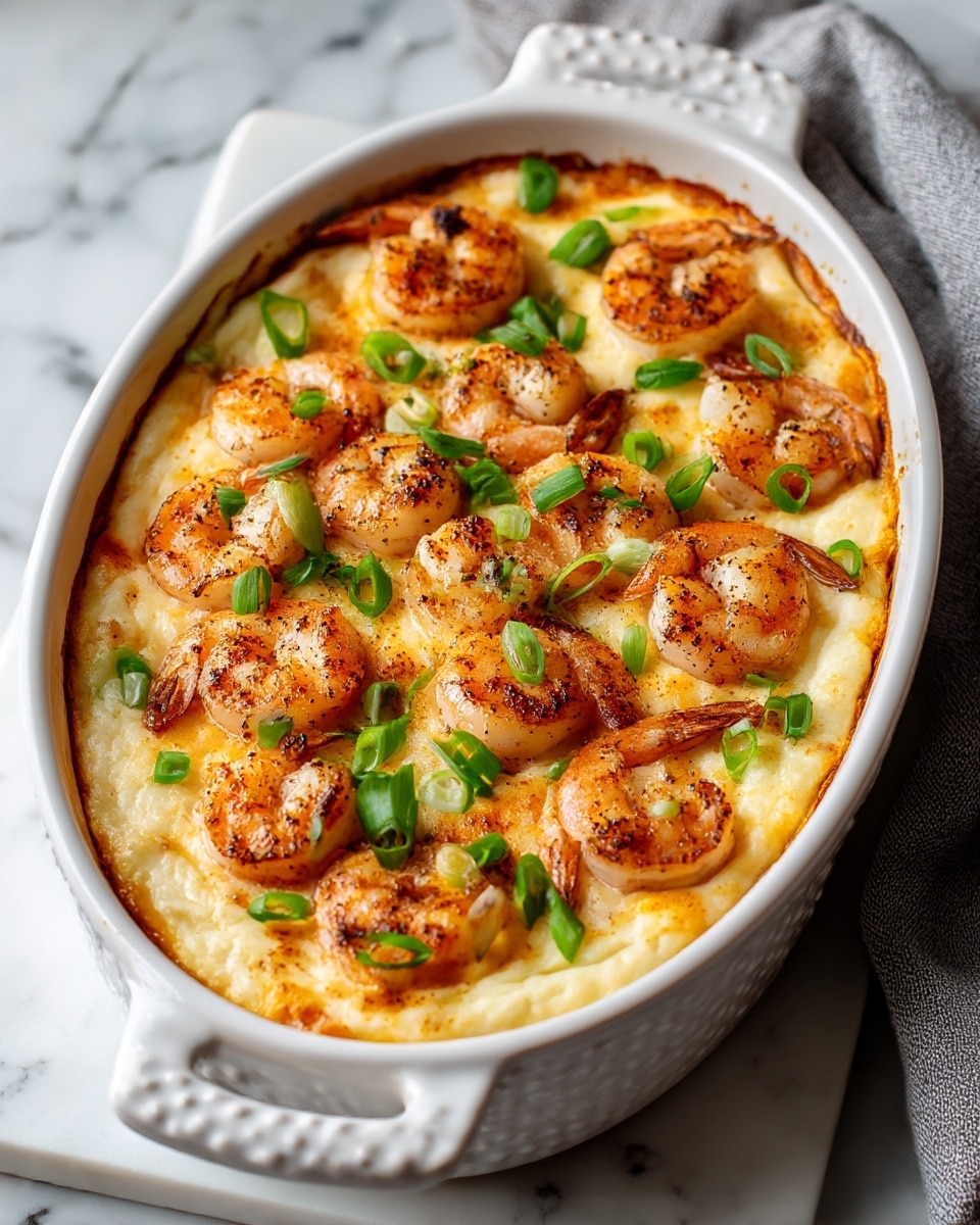 The dish is a baked casserole served in a white oval ceramic baking dish with a textured rim and handles. It has two main layers: the bottom layer is a creamy, pale yellow base with a smooth, slightly browned surface. The top layer consists of evenly spaced, pink-orange shrimp with a light char and black seasoning sprinkled on them. Bright green sliced scallions are scattered over the shrimp, adding color contrast. The dish sits on a white marbled surface, and a gray cloth is seen on the side. Photo taken with an iphone --ar 4:5 --v 7