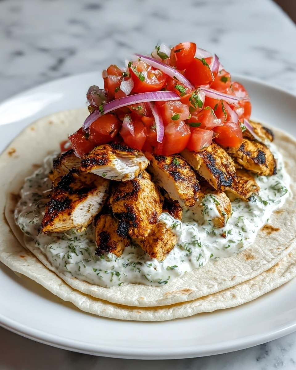The dish shows a white soft tortilla as the base with a stack of grilled chicken strips on top, showing a golden brown color with charred grill marks, giving a rough texture. Above the chicken, there is a creamy white sauce mixed with green herbs covering the chicken unevenly. On top of the sauce, there is a vibrant mix of chopped red tomatoes and thin slices of purple onion with small green herb pieces scattered throughout. The plate holding the tortilla is white and sits on a white marbled surface. photo taken with an iphone --ar 4:5 --v 7