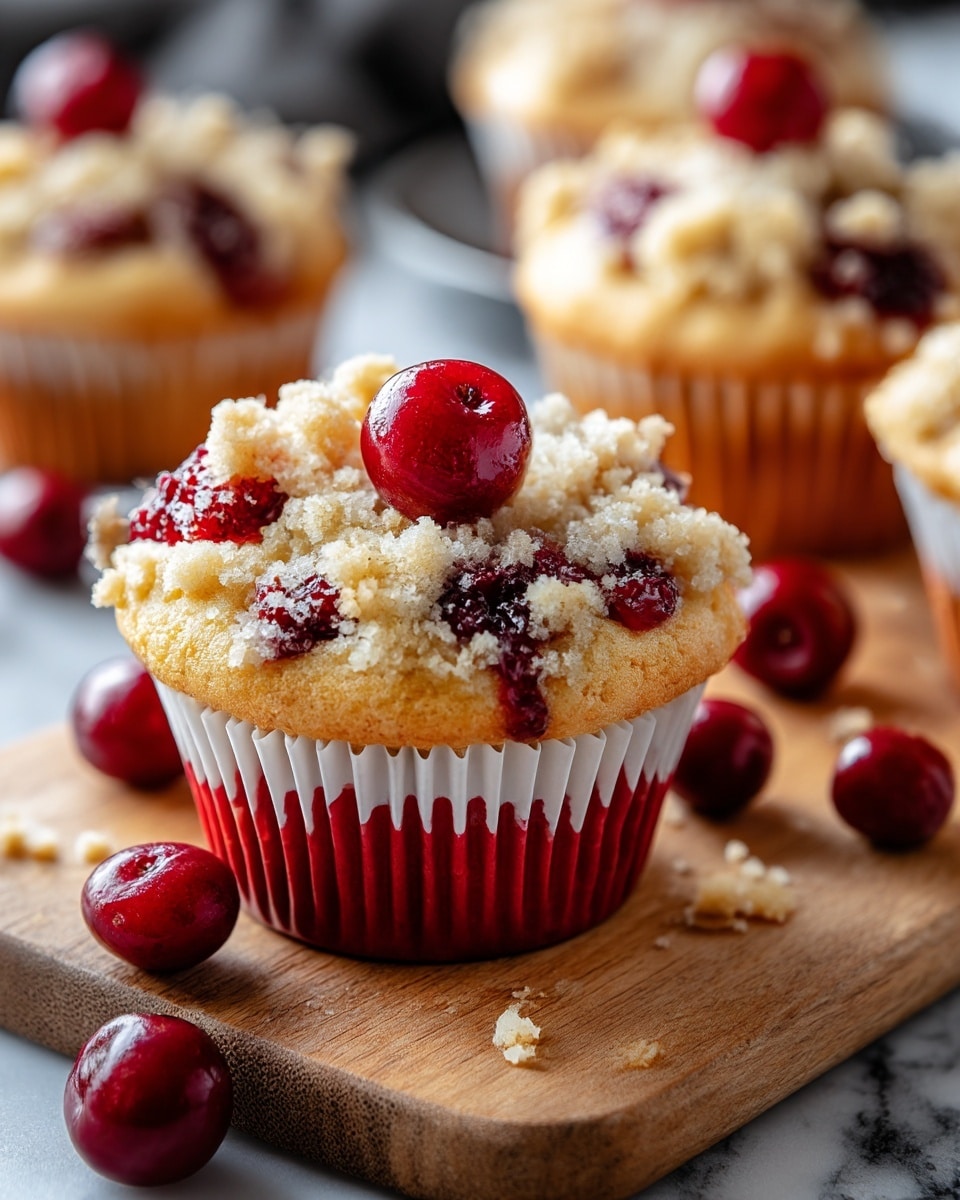 A close-up of a single muffin with three distinct layers sitting on a wooden board: the bottom layer is a red and white paper muffin cup, the middle layer is a light golden-brown baked muffin with a soft crumbly texture, and the top layer has a crumbly streusel topping sprinkled with red berry jam and a whole glossy red cherry in the center. Around the muffin, there are scattered red cherries and muffin crumbs on the wooden board. In the background, other similar muffins are slightly blurred, all set on a white marbled texture surface. photo taken with an iphone --ar 4:5 --v 7