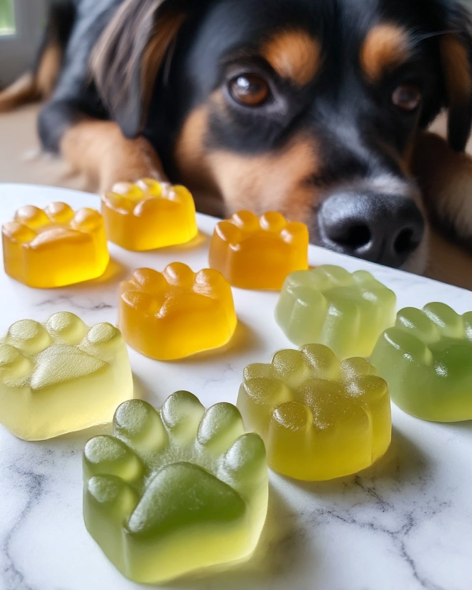 The image shows several small, translucent jelly candies shaped like dog paw prints, arranged closely on a white marbled surface. There are two colors of the candies: a bright yellow-orange and a light green, with smooth shiny textures and detailed paw shapes including pads and toes. In the background, a dog with black and brown fur rests its head near the candies, looking at them with soft eyes, adding a cozy and curious element to the scene. The photo taken with an iphone --ar 4:5 --v 7
