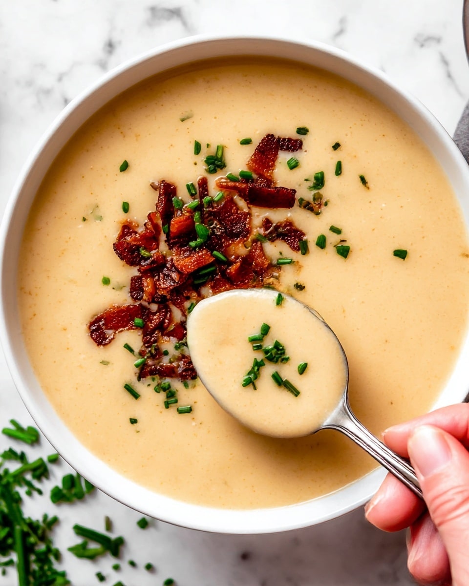 A close-up view of a white bowl filled with smooth, creamy beige soup topped in the center with small crunchy dark brown bacon bits scattered with fresh green chopped chives. A silver spoon with a round scoop of the same beige soup is held by a woman's hand at the bottom right corner, slightly lifting from the bowl. The bowl is placed on a white marbled surface with some chopped chives scattered around. Photo taken with an iphone --ar 4:5 --v 7