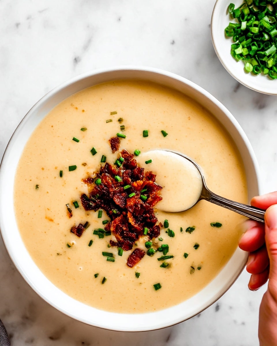 A bowl of thick, creamy beige soup fills the white bowl, topped with a central pile of dark brown crispy bacon bits and small bright green chopped chives scattered on and around it. A silver spoon scoops up the smooth soup from the right side of the bowl, held by a woman's hand at the bottom right corner. The bowl sits on a white marbled surface with a small glimpse of a white bowl with chopped green onions in the top right background. photo taken with an iphone --ar 4:5 --v 7