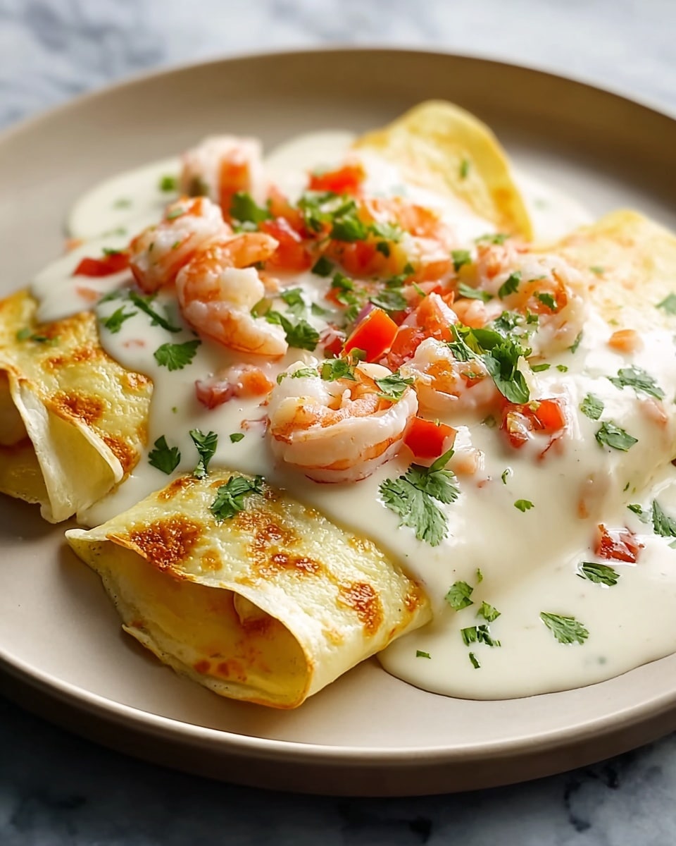 A white plate holds two folded crepes, each covered with a smooth, thick white sauce that pools slightly around the edges. The crepes have a light golden-yellow color with some browning spots. On top, small pink shrimp pieces are scattered evenly, mixed with bright red diced tomatoes and fresh green cilantro leaves that add vibrant color. The crepes look soft and slightly thin, with some sauce seeping into the crepe folds. The background is a white marbled texture, and the whole dish looks fresh and creamy. photo taken with an iphone --ar 4:5 --v 7