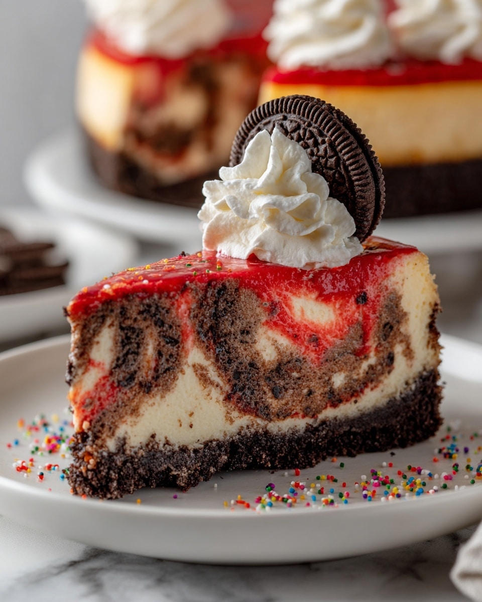 A slice of marbled cheesecake sits on a white plate with colorful sprinkles scattered around. The cheesecake has three clear layers: a dark brown crumbly crust at the bottom, a thick middle layer with swirls of bright red and dark brown mixed into creamy white cheesecake, and a glossy surface on top with a dollop of white whipped cream. A whole chocolate sandwich cookie is placed upright next to the whipped cream on the slice. In the background, a larger cheesecake with similar red topping and whipped cream is slightly out of focus on a white marbled surface. photo taken with an iphone --ar 4:5 --v 7
