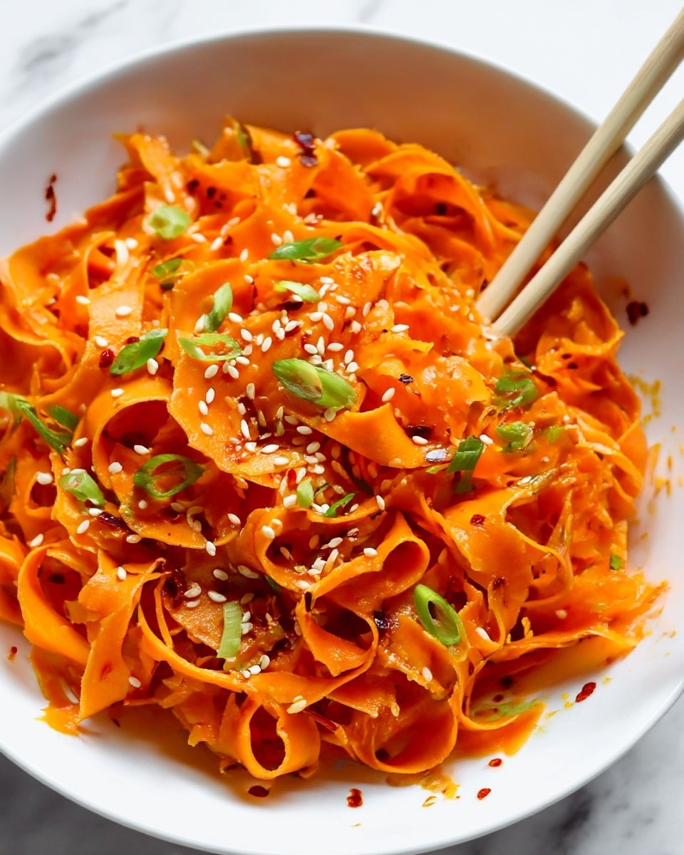 A white bowl filled with thin, wide orange carrot ribbons forming the main layer, topped with small pieces of green scallion scattered evenly on top, along with white sesame seeds and tiny red chili flakes sprinkled throughout. On the right side of the bowl, a pair of light wooden chopsticks rest diagonally on the carrot ribbons. The bowl sits on a white marbled surface. photo taken with an iphone --ar 4:5 --v 7