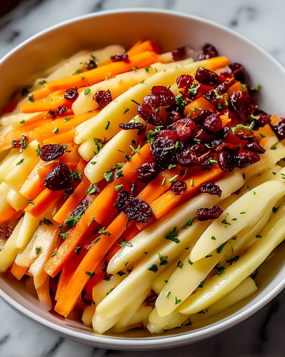 A white bowl filled with a fresh salad shows three layers: the bottom layer is light yellow and crunchy apple sticks, the middle layer is bright orange carrot sticks, and the top layer is scattered dark red dried cranberries, all sprinkled with small green herb pieces. The ingredients have a shiny, moist texture, and the bowl sits on a white marbled surface. photo taken with an iphone --ar 4:5 --v 7