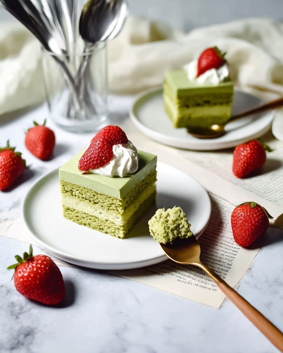 There are nine square pieces of light green cake arranged neatly in a 3 by 3 grid on white parchment paper over a white marbled surface. Each piece has two visible layers: a soft, airy green sponge cake base and a smooth, thin green frosting layer on top. On each piece, there is a small round dollop of white cream right in the center, and each cream dollop is topped with a whole bright red strawberry with green leaves still attached. The texture of the cake looks moist and slightly crumbly, while the frosting appears smooth and firm. A metal spatula with a wooden handle is partially visible lifting one corner piece. Photo taken with an iphone --ar 4:5 --v 7