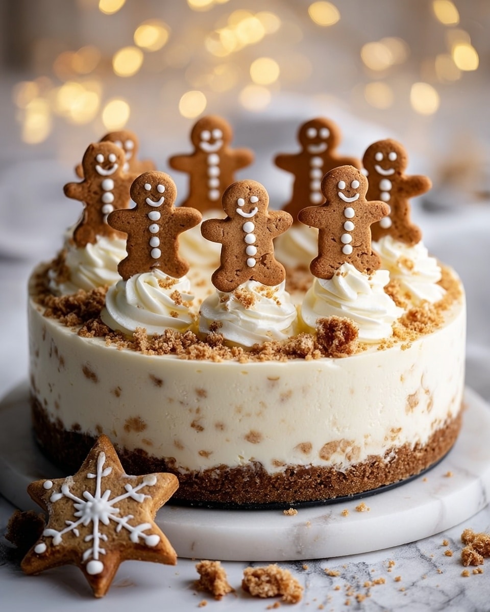 A round cheesecake with two clear layers; the bottom layer is a thick, crumbly brown crust, and the top layer is smooth, creamy white cheesecake filling. On top, there are eight small gingerbread men cookies standing upright, each placed on a swirl of white whipped cream with some crumbled brown cookie bits sprinkled around. The cake sits on a white marbled surface with soft, warm yellow bokeh lights blurred in the background. In front of the cake, there is a gingerbread star cookie decorated with white icing. Photo taken with an iphone --ar 4:5 --v 7