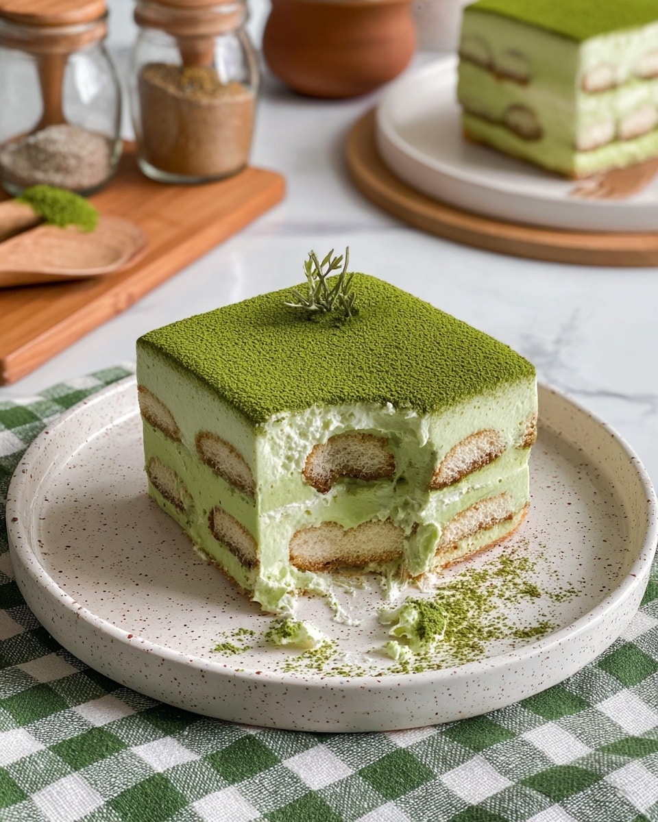 A square slice of green matcha tiramisu sits on a white speckled plate placed on a green and white checkered cloth over a white marbled surface. The tiramisu has three visible layers of pale green cream mixed with soft, light beige ladyfinger biscuits soaked in green matcha. The top layer is a smooth, vibrant green matcha cream evenly dusted with a fine green powder and decorated with a small green sprig. A bite is taken out of the slice, showing the creamy and soft texture, with some green powder and cream smeared on the plate. In the background, the corner of another slice sits on a white plate, with a wooden board holding utensils and jars slightly blurred. Photo taken with an iphone --ar 4:5 --v 7