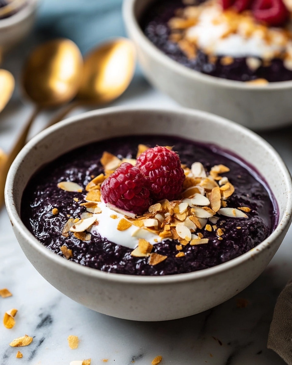 A white bowl filled with a dark purple, almost black thick oatmeal base. On top, there are two red raspberries, a layer of white creamy yogurt spread in the center, and sprinkled with golden roasted almond slivers. The bowl sits on a white marbled surface with some almond pieces scattered around. In the blurred background, there is another bowl with similar contents and two golden spoons. photo taken with an iphone --ar 4:5 --v 7