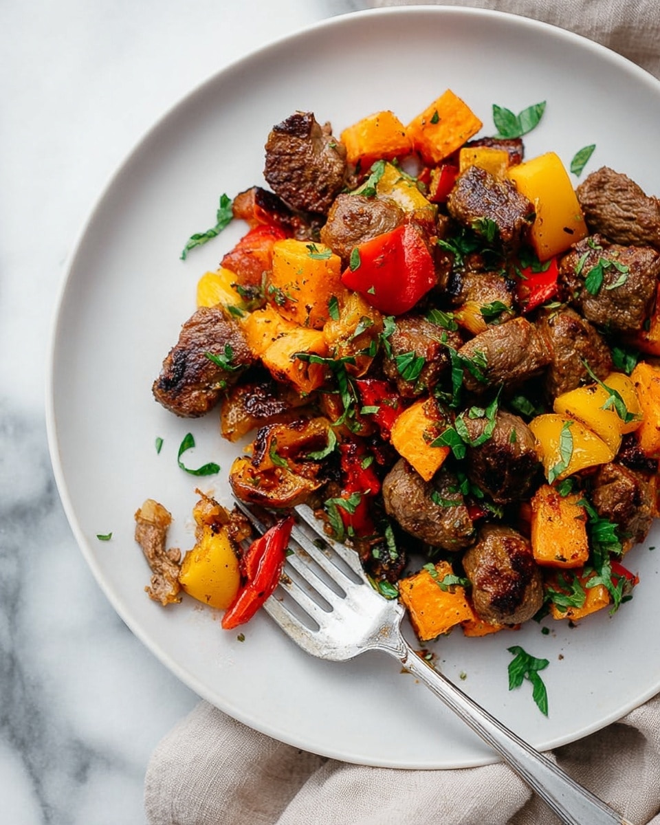 The image shows a white plate with a colorful mix of cooked beef chunks, bright yellow and red bell pepper pieces, and orange sweet potato cubes, all garnished with chopped green herbs. The beef pieces are browned and slightly textured, scattered evenly among the vegetables which have a slight shine, indicating they are cooked. A fork is placed near the center-right of the plate, with some food speared on it, resting on the plate's surface. The background is a white marbled texture with a soft beige cloth partially visible on the lower right corner. Photo taken with an iphone --ar 4:5 --v 7