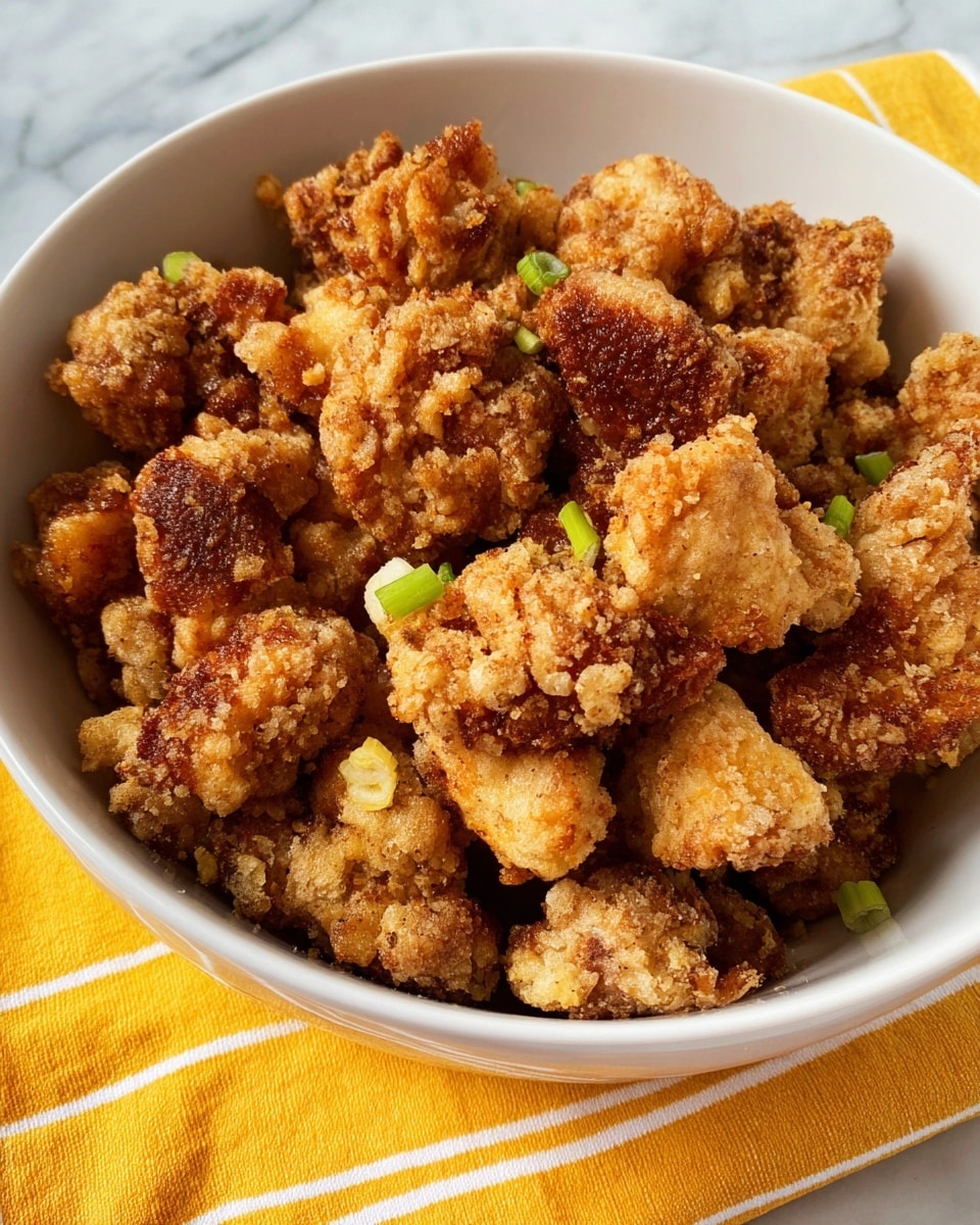 A white bowl filled with many pieces of golden-brown fried chicken bites with a crispy, uneven texture, showing some darker browned spots and light flour coating. Small, bright green chopped scallions are sprinkled over the chicken, adding contrast. The bowl sits on a yellow cloth with white stripes and the background is a white marbled texture. photo taken with an iphone --ar 4:5 --v 7