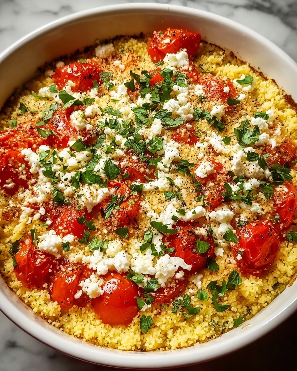 A round white bowl holds a layered dish starting with a base of fluffy yellow couscous that fills the bowl. On top, there are sliced red cherry tomatoes placed evenly around the surface. Scattered over the tomatoes and couscous are small chunks of white feta cheese. The dish is sprinkled with finely chopped fresh green herbs and a light dusting of black pepper. The background is a white marbled texture. photo taken with an iphone --ar 4:5 --v 7