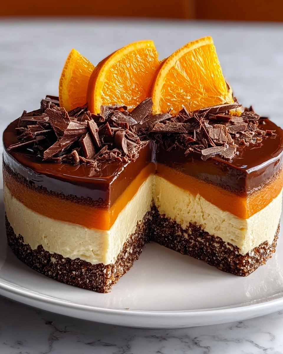 A four-layer round dessert is shown cut to reveal all layers clearly, sitting on a white plate over a white marbled surface. The bottom layer is a crumbly dark brown crust, above it is a thick, smooth cream layer in off-white. Next is a thin, glossy orange layer that looks like a jelly or caramel. The top layer is rich dark chocolate ganache, glossy and smooth. On top of this is a generous pile of dark chocolate chunks and curls. Three thin bright orange slices are placed leaning against each other in the center on top of the chocolate pieces. The overall look is rich and colorful with a contrast of creamy and dark textures. Photo taken with an iphone --ar 4:5 --v 7