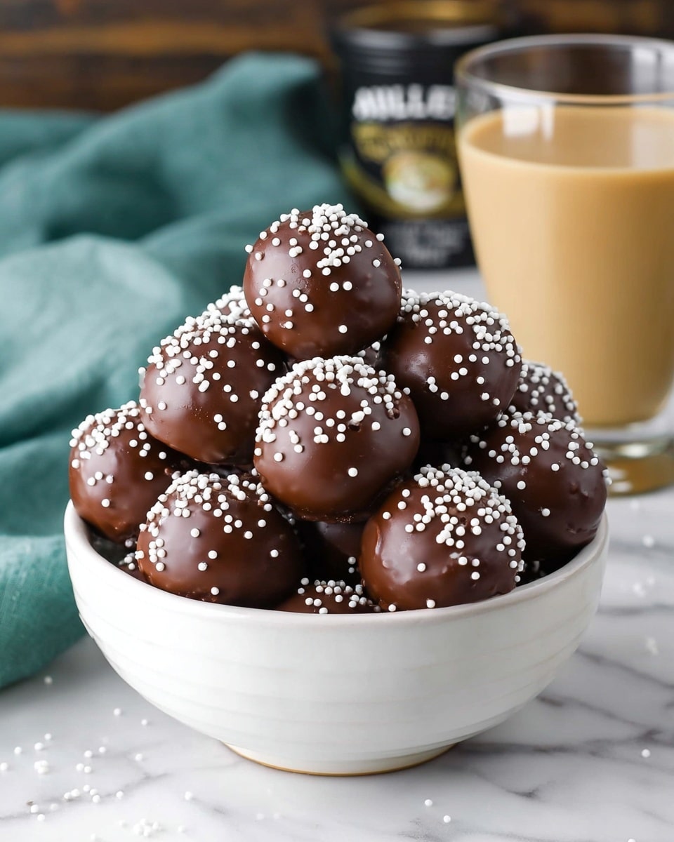 A white bowl filled with a pile of round chocolate balls coated in a smooth, dark chocolate layer, each topped with small white round sprinkles scattered evenly. The chocolate balls are stacked high, with some slightly leaning on others, adding depth and texture to the pile. The background shows a white marbled surface with a few white sprinkles scattered around the base of the bowl. A glass with a light beige creamy drink is placed near the bowl on the right side. Photo taken with an iphone --ar 4:5 --v 7