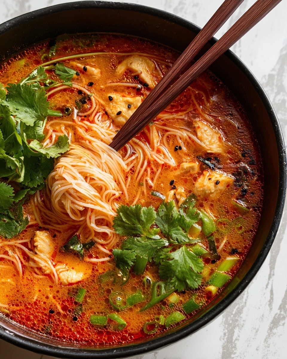 A black bowl filled with a rich, orange-red soup layering tender, cooked chicken pieces spread throughout and thin noodles gathered near the center, lifted in a bundle by a pair of brown chopsticks. Bright green sliced scallions are scattered on the right side while fresh cilantro leaves rest on the left side of the soup. The surface of the soup has a slightly oily texture with specks of black pepper and visible herbs floating on top. The bowl sits on a surface with a white marbled texture. Photo taken with an iphone --ar 4:5 --v 7