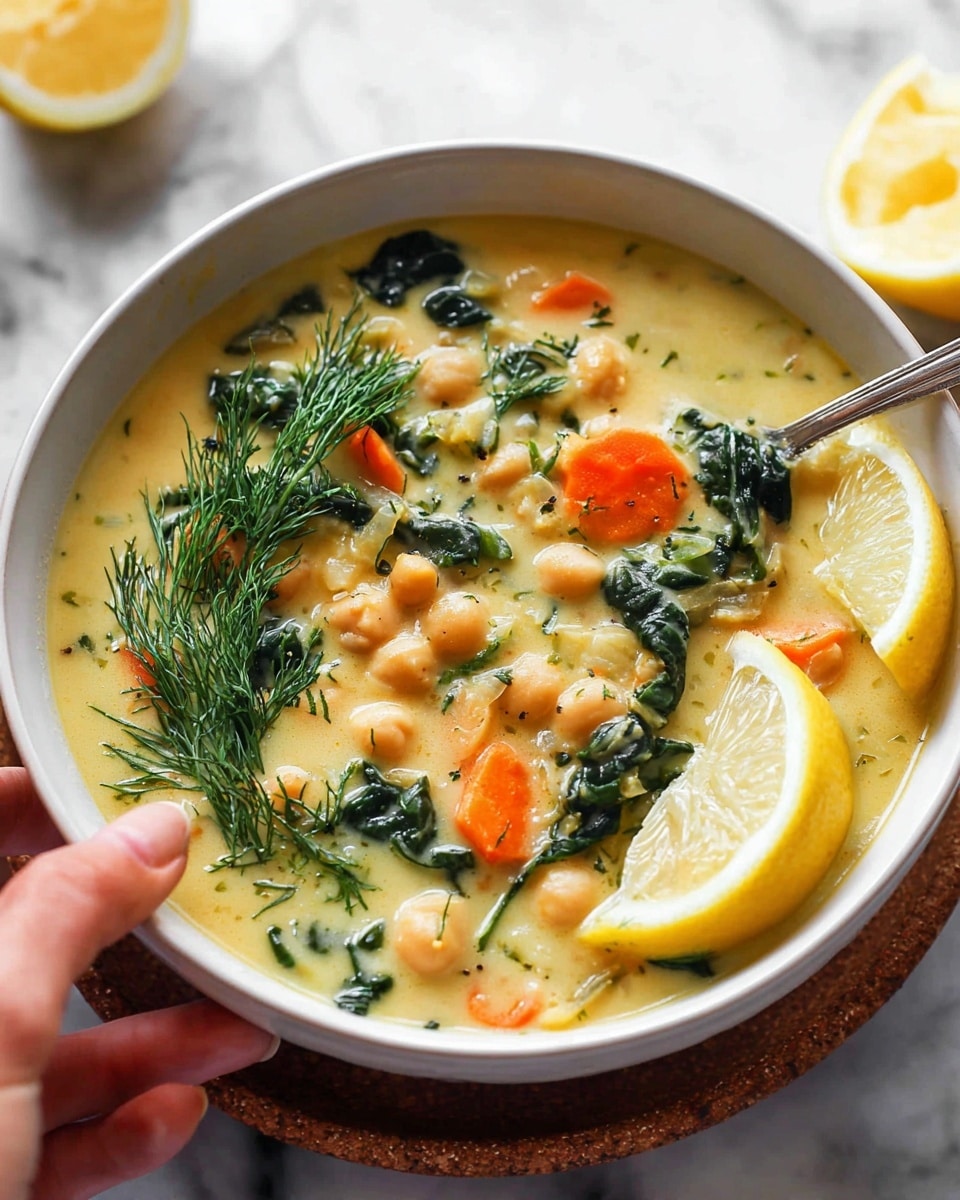 A bowl of thick, creamy soup filled with three main visible layers: the first layer is a light yellow base broth with a smooth texture, the second layer contains soft orange carrot slices and beige chickpeas scattered throughout, and the third layer has dark green leafy vegetables and fresh sprigs of dill on top, giving it a fresh look, all garnished with a bright yellow lemon wedge placed on the side inside the bowl. The white bowl is set on a white marbled surface, and a woman's hand is about to dip a spoon into the soup. Photo taken with an iphone --ar 4:5 --v 7