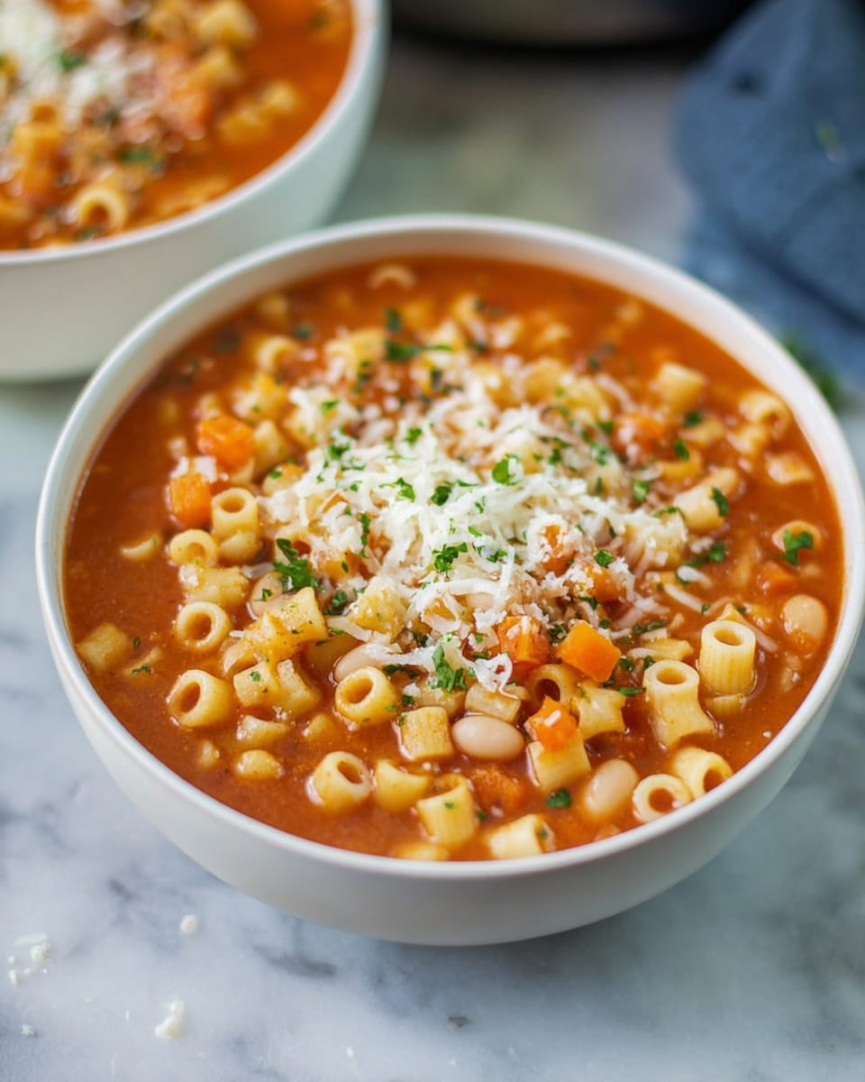 A white bowl filled with a thick, tomato-based soup containing small tube-shaped pasta, white beans, and small diced orange carrots. The soup is topped with finely grated white cheese and small green herb pieces scattered on top. The bowl sits on a white marbled surface with a soft focus on a second white bowl of soup in the background, creating a cozy and appetizing scene. Photo taken with an iphone --ar 4:5 --v 7