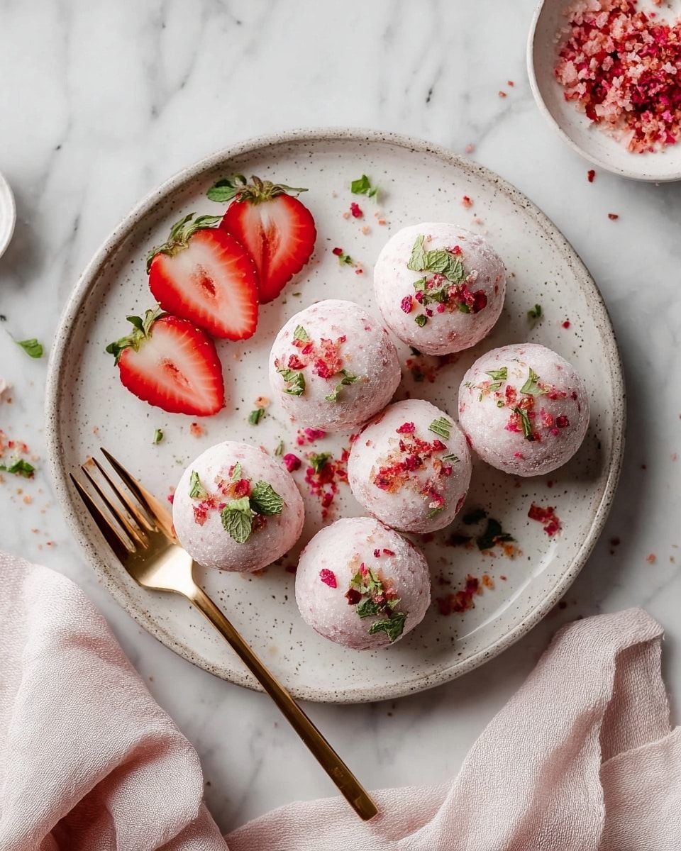 A white speckled plate holds seven round, light pink dessert balls arranged in a slight cluster, each topped with small green herb leaves and crushed red bits. To the left on the plate, there are three halved strawberries showing their red inside and green tops. A gold fork rests on the left edge of the plate. Around the plate, tiny green herbs and crushed red bits are scattered. The plate sits on a white marbled surface with a pale pink cloth to the right and a small white bowl filled with red crushed bits near the top edge. photo taken with an iphone --ar 4:5 --v 7