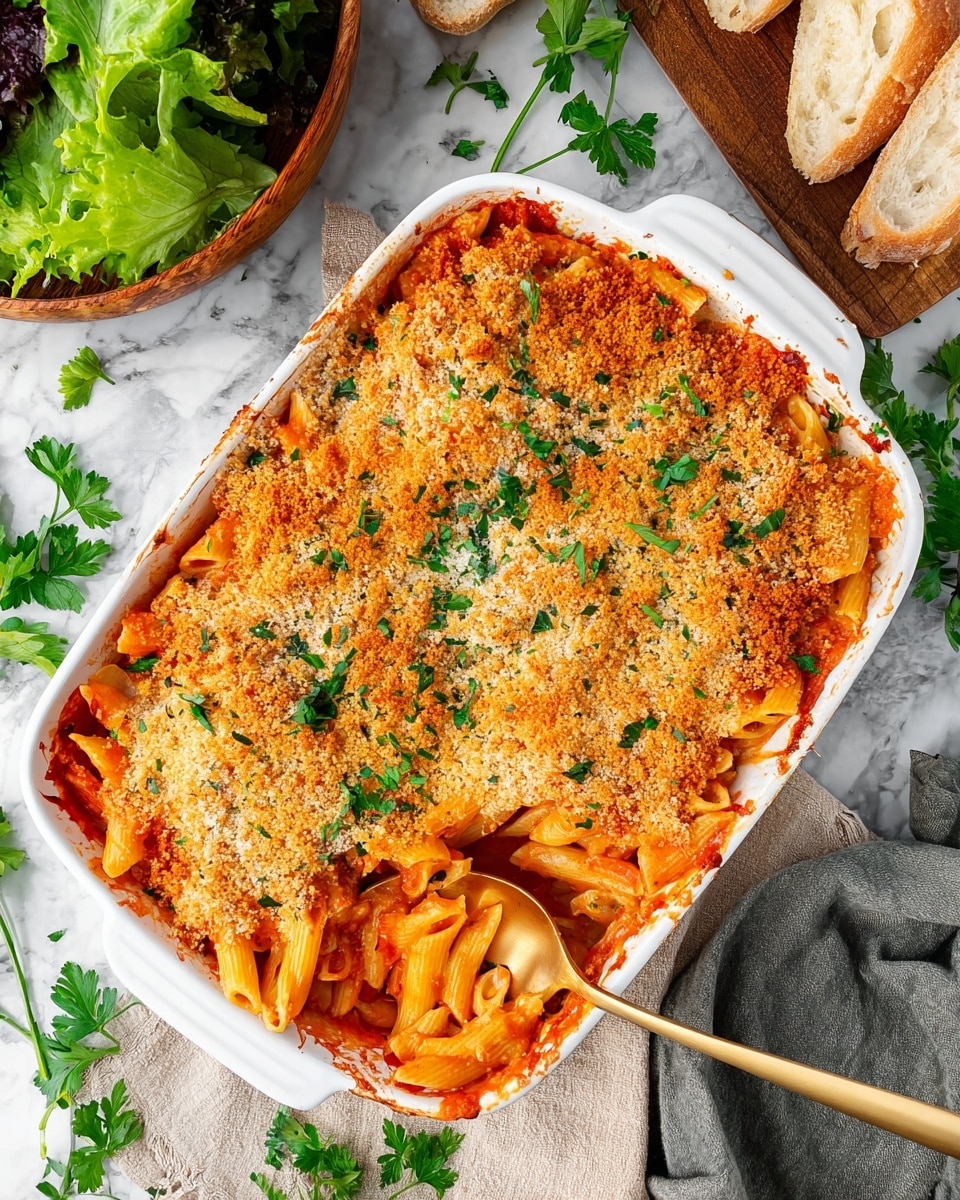 A white rectangular baking dish filled with baked penne pasta covered in a thick layer of red tomato sauce as the base, topped with a golden-brown crunchy breadcrumb and cheese crust sprinkled with fresh green parsley. A golden spoon scoops some pasta from the bottom right corner, showing the bright orange pasta beneath the crispy topping. The dish is set on a white marbled surface with a wooden bowl of mixed green lettuce leaves to the top left and pieces of bread to the top right. Scattered parsley leaves add a fresh touch around the baking dish. Photo taken with an iphone --ar 4:5 --v 7