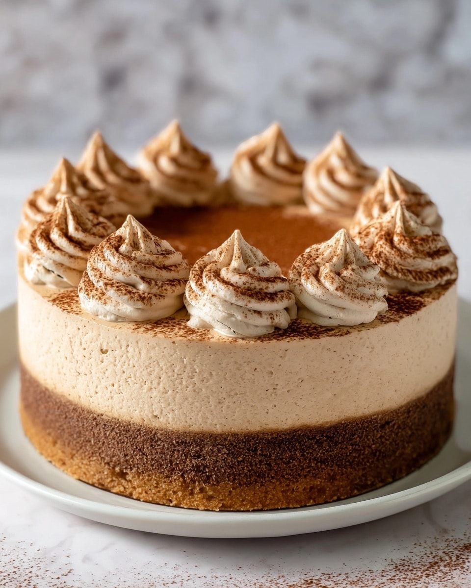 A round cake with two layers sits on a white plate on a white marbled surface. The bottom layer is a dense, dark brown cake base. Above it is a thick, creamy light brown mousse layer with a slightly airy texture. On the top are eight evenly spaced swirls of light brown whipped cream dusted with cocoa powder. The top surface of the cake is also lightly dusted with cocoa powder, giving it a smooth, rich look. photo taken with an iphone --ar 4:5 --v 7