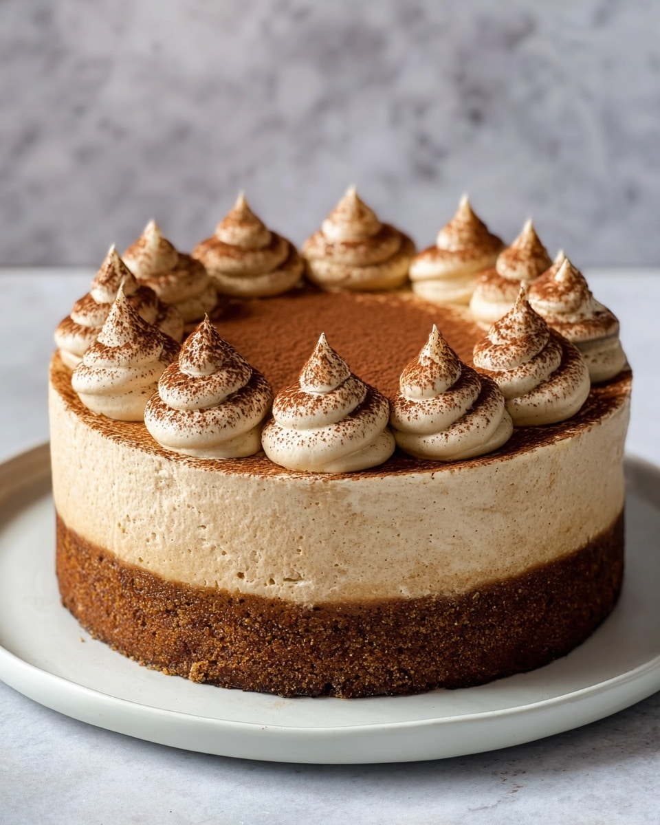 A round two-layer cake sits on a white plate placed on a white marbled texture. The bottom layer is a dense, dark brown cake base, about one-third of the cake height. Above it, a thick light brown creamy layer with a slightly rough texture forms the main body. On top, there are ten equally spaced swirls of a smooth light brown cream, each dusted with a fine cocoa powder. The flat top surface of the cake is also lightly dusted with cocoa powder, adding a subtle dark brown color contrast. photo taken with an iphone --ar 4:5 --v 7