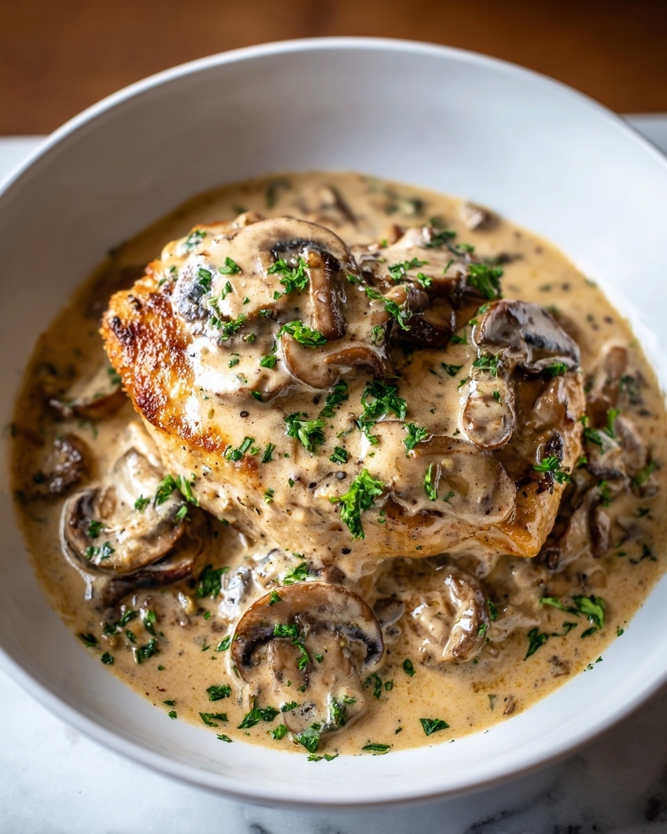 A white bowl holds a thick piece of browned chicken breast at the center, covered with a creamy mushroom sauce that has a light beige color with specks of black pepper. Sliced mushrooms with a dark brown color are mixed throughout the sauce and rest on top of the chicken, adding texture and depth. The dish is sprinkled with finely chopped bright green parsley, adding a fresh touch of color. The creamy sauce pools around the chicken within the bowl, creating a rich and smooth base. The setting includes a white marbled texture surface visible at the edges. Photo taken with an iphone --ar 4:5 --v 7