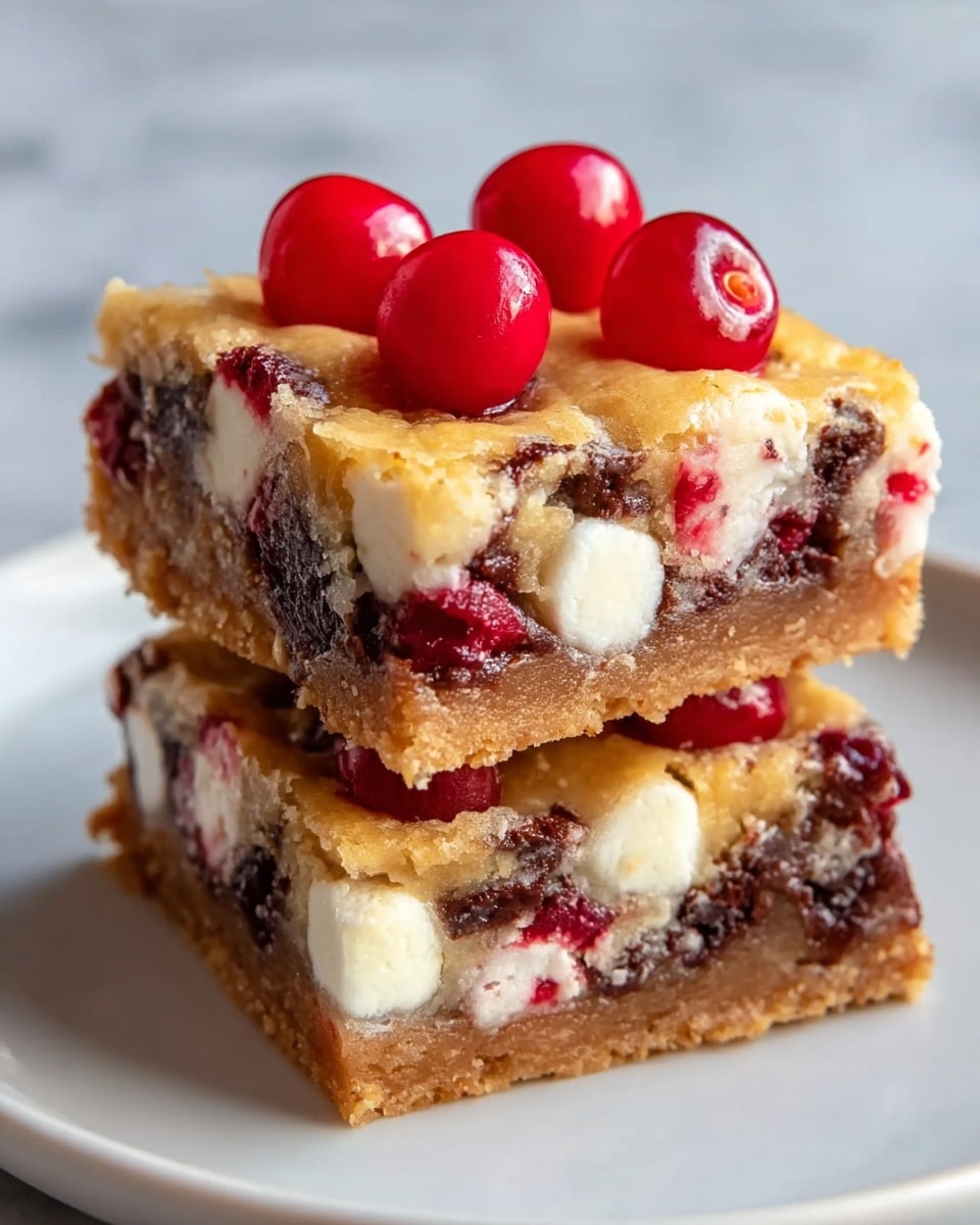 The image shows two square dessert bars stacked on a white plate. Each bar has a golden brown crust as the bottom layer, with a soft, slightly crumbly texture visible. Above the crust is a layer filled with melted chocolate chunks and white marshmallow pieces, giving a mix of smooth and fluffy textures with dark and bright white colors. Scattered bits of red fruit pieces, likely cherries or cranberries, are embedded within this middle layer. The top layer has a golden, slightly glossy finish with four bright red cherries placed on the upper bar. The background features a white marbled surface, creating a clean and bright presentation. photo taken with an iphone --ar 4:5 --v 7