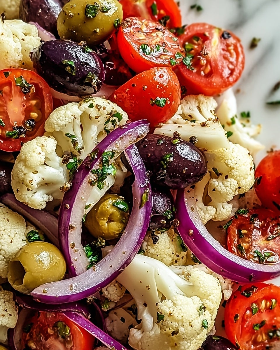 A close-up view of a colorful salad showing three main layers: at the bottom, large white cauliflower florets with a slightly rough texture, lightly seasoned; in the middle, halved bright red cherry tomatoes with shiny smooth skins, mixed with whole dark purple olives and green olives; on top, thin slices of purple-red onion adding contrast and a fresh look, all sprinkled with small green herb bits and black pepper flakes. The salad rests on a white marbled surface. photo taken with an iphone --ar 4:5 --v 7